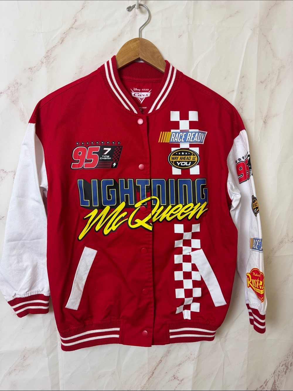 Disney Pixar Cars Lightning McQueen Racing Varsity Bomber Jacket